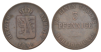 Ангальт-Бернбург 3 пфеннига 1840 Александр Карл (1834-1863) KM 92, AKS 25, J. 61 медь 4619-111