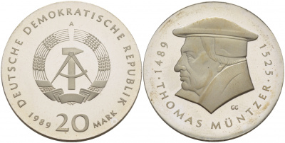 ГДР 20 марок 1989 А, 500 лет со дня рождения Томаса Мюнцера, тираж 3090 экземпляров., с сертификатом KM 127 серебро PROOF 00-802-54