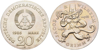 ГДР 20 марок 1986 A, 200 лет со дня рождения братьев Гримм, кот в сапогах KM 108, J. 1607 серебро UNC 00-820-51