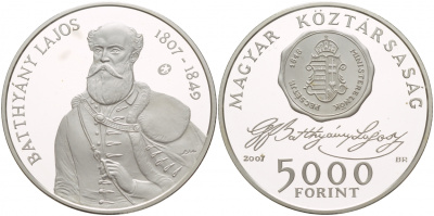 Венгрия 5000 форинтов 2007 200 лет со дня рождения Лайоша Баттьяни KM 799 серебро  PROOF 06-225-32