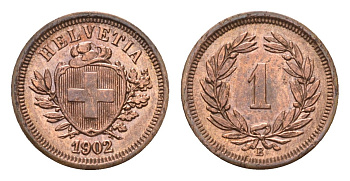 Швейцария 1 раппен 1902 B KM 3.2 бронза 1529-515