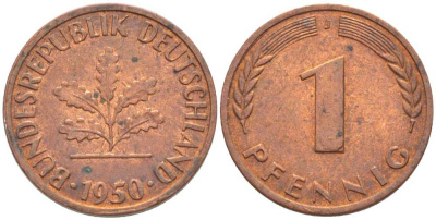 ФРГ 1 ПФЕННИГ 1950 J KM 105, J. 380 сталь плакированная медью 116-339