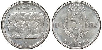 Бельгия 100 франков 1949 Belgie, королевская династия KM 139.1 серебро 4178-1223