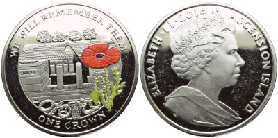 Остров Вознесения 1 крона 2014 в память героев первой мировой войны, кладбище, красный мак KM NEW медно-никель, эмаль PROOF 1071-4-61