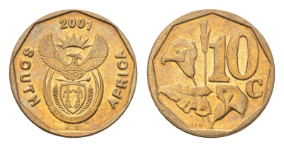 ЮАР 10 центов 2001 герб, цветок алоэ KM 224 сталь плакированная бронзой UNC 4694-813
