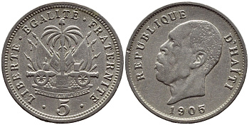 Гаити 5 сантимов 1905 Президент Пьер Нор Алексис KM 53 медно-никель 4609-752