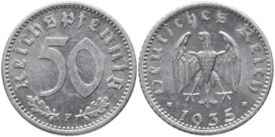 Германия 50 рейхспфеннигов 1935 F J. 368, KM 87 алюминий  UNC  413-1734