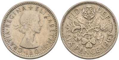 Великобритания 6 пенсов 1963 Елизавета II (1952-2022) KM 903, Spink 4149 медно-никель 4115-734