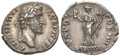 Римская Империя денарий 145 Антонин Пий, ANTONINVS AVG PIVS PP, голова императора/TR POT COS IIII LIB IIII, Либералитата, Рим, 3,48 гр, about extremely fine RIC 155 серебро 10-020-80