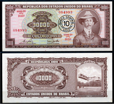 Бразилия 10 новых крузейро ND (1967) надпечатка на 10000 крузейро Pick 175, серия 1450 Pick 190 b  бумага  UNC (пресс) 451-407-2