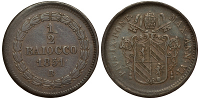ВАТИКАН 1/2 БАЙОЧЧИ 1851 B, ГОД VI, ПАПА ПИЙ IX (1846-1878) KM 1355 (С166) медь 1521-1341