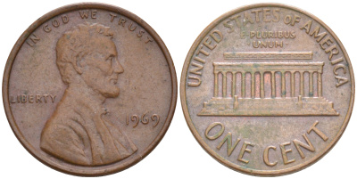 США 1 ЦЕНТ 1969 ЛИНКОЛЬН KM 201 медь цинк 187-631