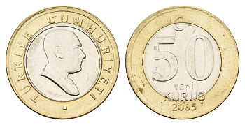 Турция 50 курушей 2005 Кемаль Ататюрк KM 1168 биметалл UNC 4635-441