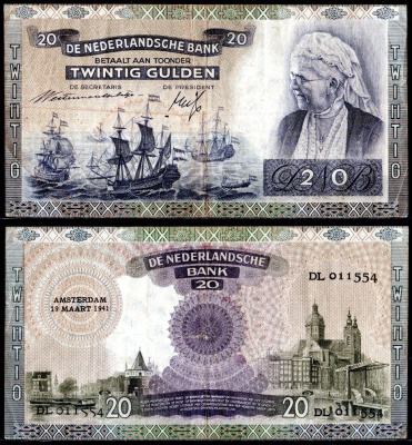 Нидерланды 20 гульденов 1941 Флот адмирала де Рюйтера на дорогах Алжира (Рембрандт). Королева Эмма Pick 54 бумага 451-1081-2