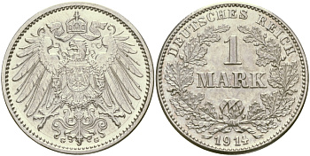 Германия 1 марка 1914 G Weege 18, J. 17, KM 14 серебро aUNC 98-1156