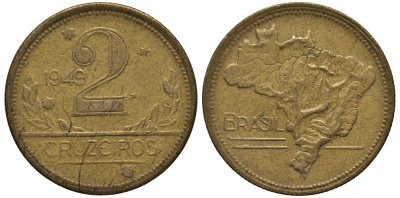 БРАЗИЛИЯ 2 КРУЗЕЙРО 1949 КАРТА БРАЗИЛИИ KM 559 алюминиевая бронза 4529-431