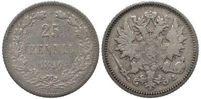 РОССИЯ ДЛЯ ФИНЛЯНДИИ 25 ПЕННИ 1894 L, АЛЕКСАНДР III KM 6.2, Биткин 241 серебро 443-821