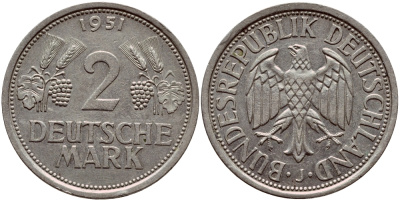 ФРГ 2 марки 1951 J J 386, KM 111 медно-никель плакированный никелем 1522-132