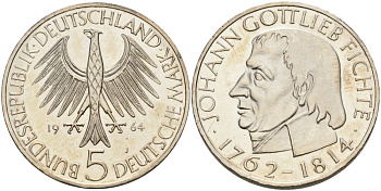 ФРГ 5 марок 1964 J, 150 лет со дня смерти Иоганна Готлиба Фихте J. 393, KM 118.1 серебро 1526-711