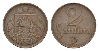Латвия 2 сантима 1922 KM 2 бронза 4684-148