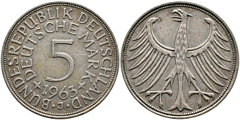 ФРГ 5 марок 1963 J, J. 387, KM 112.1 серебро 4389-325
