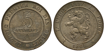 БЕЛЬГИЯ 5 САНТИМОВ 1864 BELGES KM 21 медно-никель UNC 02-264-67