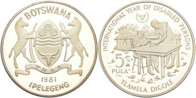 Ботсвана 5 пула 1981 Международный год инвалидов, Пьефорт, PIEFORTS, тираж 1000 экземпляров KM P1 серебро PROOF 00-801-01