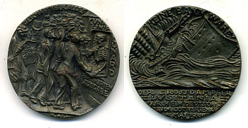 Германия медаль 1915 гибель Лузитании. Пассажиры покупают билеты у смерти. Карл Гетц. 55 мм Kienast 156 железо UNC 1072-6-12