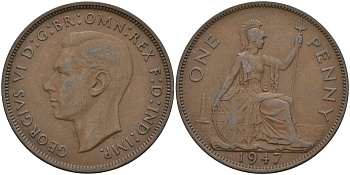 Великобритания 1 пенни 1947 Георг VI (1936-1952) KM 845, Spink 4114 бронза 4144-922