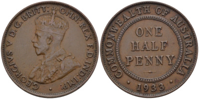 АВСТРАЛИЯ 1/2 ПЕННИ 1933 m, ГЕОРГ V (1910-1936) KM 22 бронза 67-1224