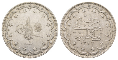 Турция 20 курушей 1909 (1917) AH 1327, Османская империя KM 780 серебро aUNC 1515-1613