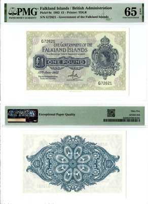 Фолклендские острова 1 фунт 1982 Елизавета II (1952-2022), 15 июня 1982, в слабе PMG 65 Gem Unc Pick 8 e  бумага  UNC (пресс) 452-2-101