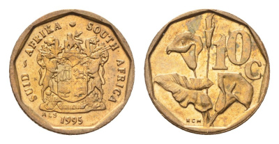 ЮАР 10 центов 1995 герб, цветок алоэ KM 135 сталь плакированная бронзой UNC 4694-721