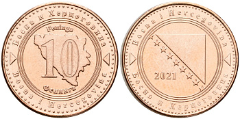 Босния и Герцеговина 10 фенигов 2021 KM 115 сталь плакированная медью UNC 4602-1024