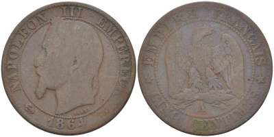 ФРАНЦИЯ 5 САНТИМОВ 1864 A, НАПОЛЕОН III (1852-1870) KM 797.1, LE FRANC 117.11 бронза 108-556