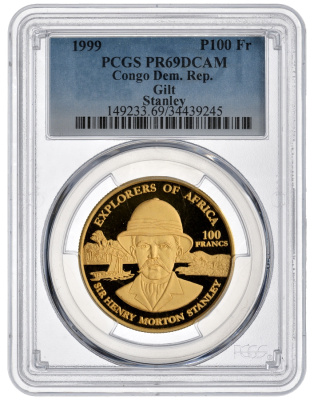 ДР Конго 100 франков 1999 Сэр Генри Мортон Стэнли, в слабе PCGS PR 69 DCAM, Probe, пробник KM  позолота  PROOF  15-007-19