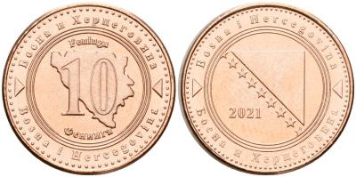 Босния и Герцеговина 10 фенигов 2021 KM 115 сталь плакированная медью UNC 4602-1024