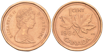 КАНАДА 1 ЦЕНТ 1984 ЕЛИЗАВЕТА II, КЛЕНОВЫЙ ЛИСТ KM 132 бронза 188-763