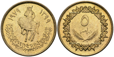Ливия 5 дирхемов 1979 KM 19 сталь плакированная латунью UNC 00-00