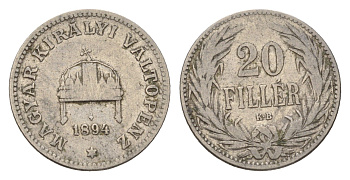 Венгрия 20 филлеров 1894 KB, Франц Иосиф I (1848-1916) KM 483 никель 181-1142