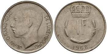 Люксембург 1 франк 1968 Великий герцог Жан (1964-1999) KM 55 медно-никель 4603-1122