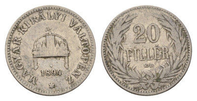 Венгрия 20 филлеров 1894 KB, Франц Иосиф I (1848-1916) KM 483 никель 181-1142