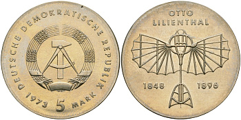 ГДР 5 марок 1973 125 лет со дня рождения Отто Лилиенталя, пионер авиации KM 43 медно-никель UNC 00-00