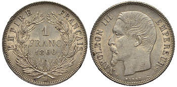 Франция 1 франк 1860 ВВ, Наполеон III (1852-1870) Gadoury 460 , KM 779.2 серебро 00-820-43