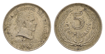 Уругвай 5 сентесимо 1953 KM 34 медно-никель 4649-755