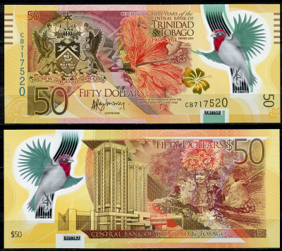 Тринидад и Тобаго 50 долларов 2014 50 лет национальной валюте, красный кардинал Pick 54 пластик UNC (пресс) 451-28-1