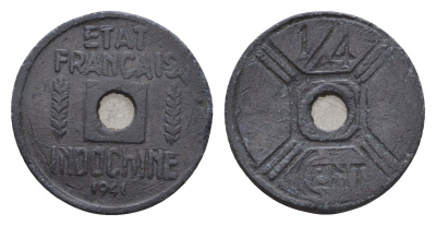 Французский Индокитай 1/4 сантима 1941 вес 4,9 гр, отчеканенная на монетном дворе в Ханое, экстренные деньги. В последствие были переплавлены, а следующие тиражи были отчеканены в цинке KM ---, Lec-22 свинец 00-815-52
