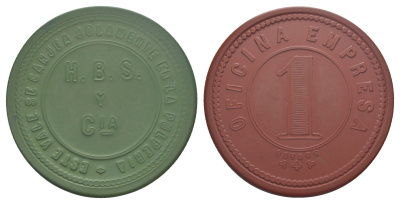 Чили, Компания (Empresa), Токо (Toco) шахтерский жетон с Селитряного рудника для покупки в местных магазинах, номиналом в 1 песо 1880-1920 диаметр 45 мм, вес 5,11 гр Espinosa 100.8 эбонит (зеленый и охра) 01-235-22