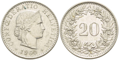 Швейцария 20 раппенов 1960 В KM 29а медно-никель 4511-923