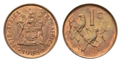 ЮАР 1 цент 1983 герб, капские воробьи KM 82 бронза UNC 4690-1231